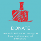Illustration in red of The Mill on robin egg blue background. Text below illustration reads as - Donate - a one time donation to support local contemporary art and culture.